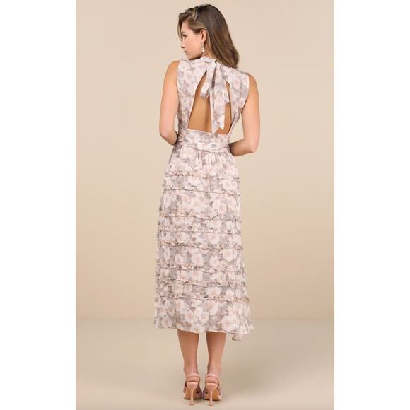 Lulus Happily Sweet Beige Floral Mock Neck Backless Midi Dress Cocktail S NWT - Picture 2 of 14